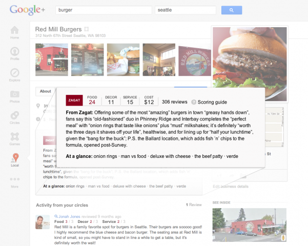 Bewertung eines Burger-Restaurants durch Zagat (Quelle: googleblog.blogspot.de)